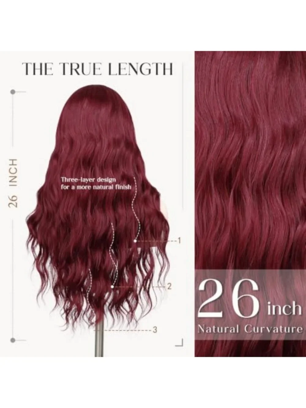 Long Wavy Burgundy Synthetic Wig with Swiss HD Lace - 26 Inch Hairpiece for